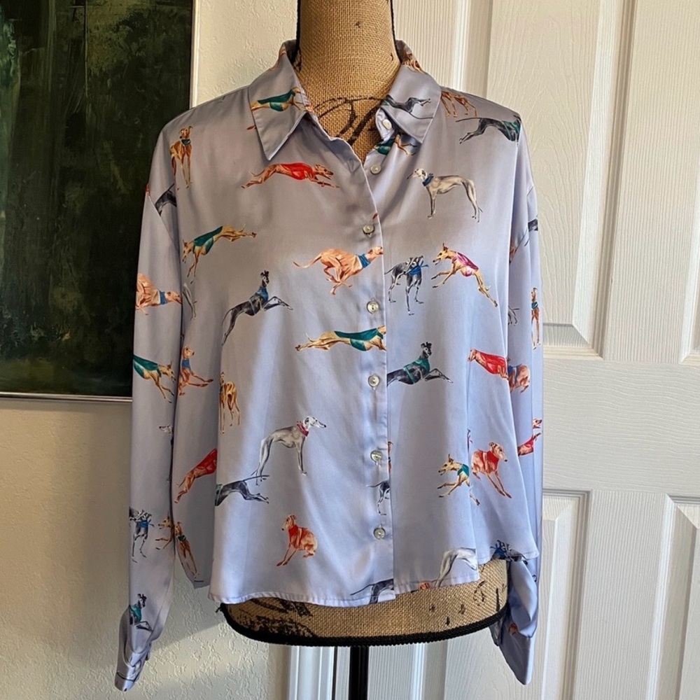 Zara Greyhound Dog Print lavender Satin Button Down Shirt blouse long sleeve XL